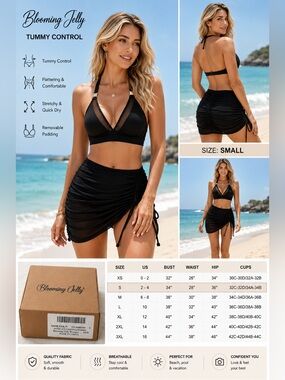 Blooming Jelly Women’s Black Tummy Control Bikini Set with Ruched Skirt